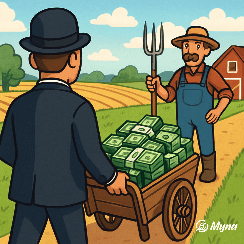 Банкир везет тачку денег фермеру