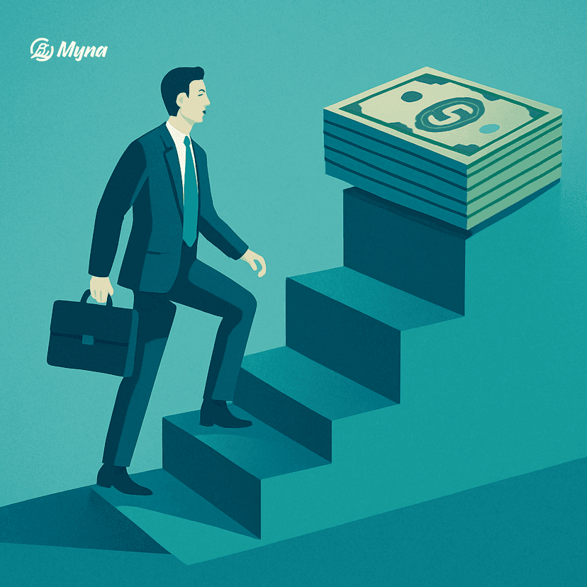 Бизнесмен поднимается по лестнице Ханта к деньгам